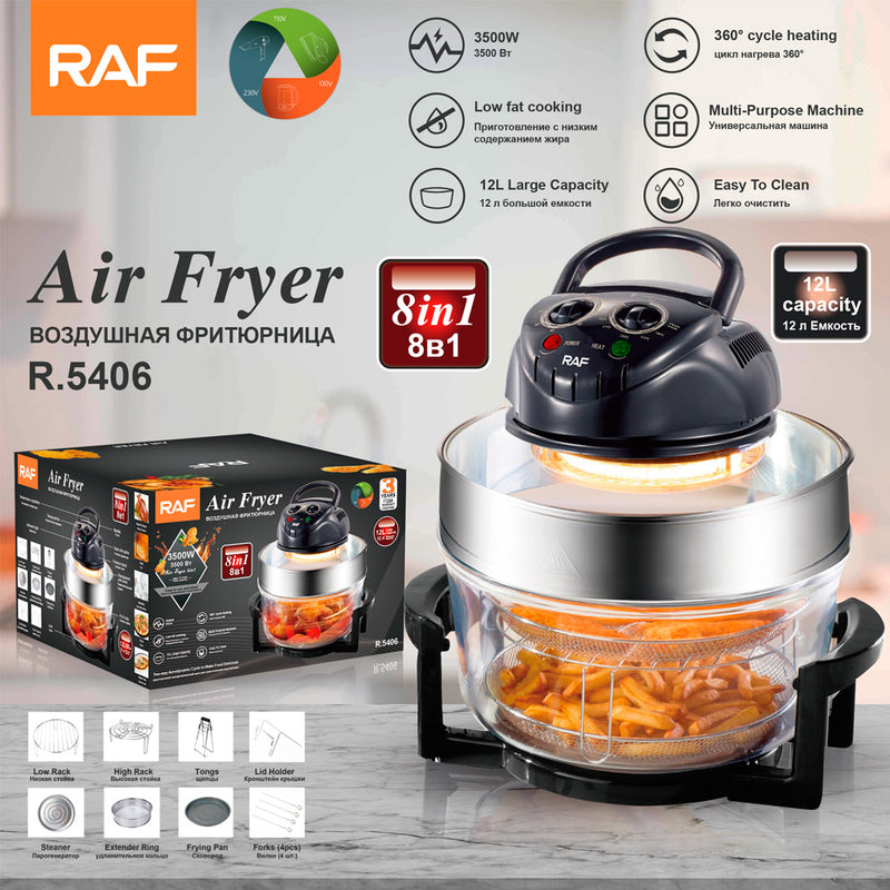 RAF Air Fryer and convectional oven 8-in-1 | 12L Large Capacity | 3500W Power | 360-Degree Cycle Heating | Multi-Purpose Machine for Low-Fat Cooking