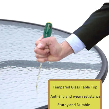 Round Black Patio Table with Tempered Glass & Umbrella Hole