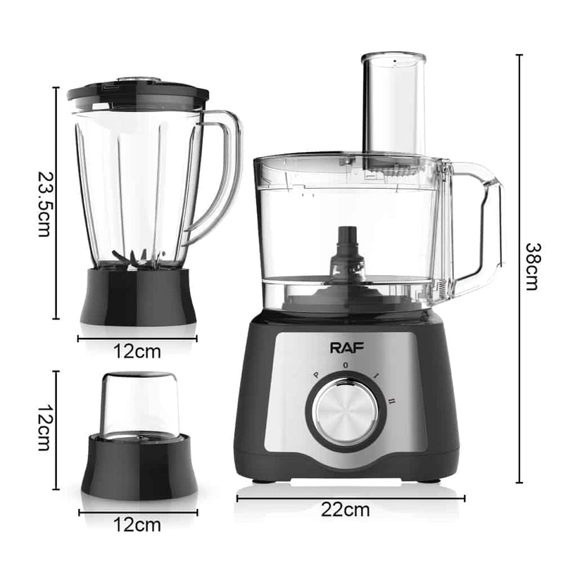 RAF 7-in-1 Food Processor R.305 - 600W, 1.5L Cooking and Mixing Cups, Multiple Blade Attachments, High-Speed Motor, Dual Gear Speed Regulation, European VDE Plug, Raw Steel Finish