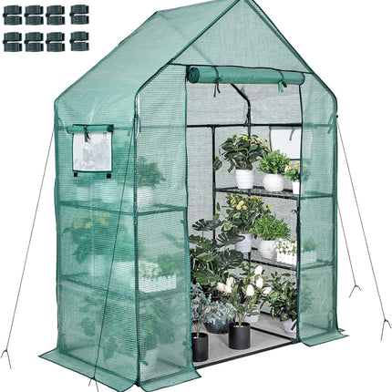 Sturdy PE Covered Walk-in Greenhouse with Flower Stand, Zippered Roll-Up Door, Heavy-Duty Steel Frame, Efficient Ventilation, and Easy Installation