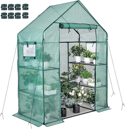 Sturdy PE Covered Walk-in Greenhouse with Flower Stand, Zippered Roll-Up Door, Heavy-Duty Steel Frame, Efficient Ventilation, and Easy Installation