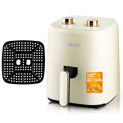 RAF Air Fryer 3L - 1500W Power, Temperature Control, 60-Minute Timing, Copper-Clad Aluminum Motor, PP/PA66 Material, Off-White Color, Includes Grill Accessories, VDE Plug