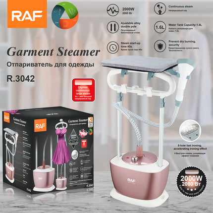 RAF Garment Steamer | 2000W | | Continuous Steam | 1.6L Water Tank Capacity | Ajustable alloy double pole | Steam start-up time 45s | Prevent dry burning, security