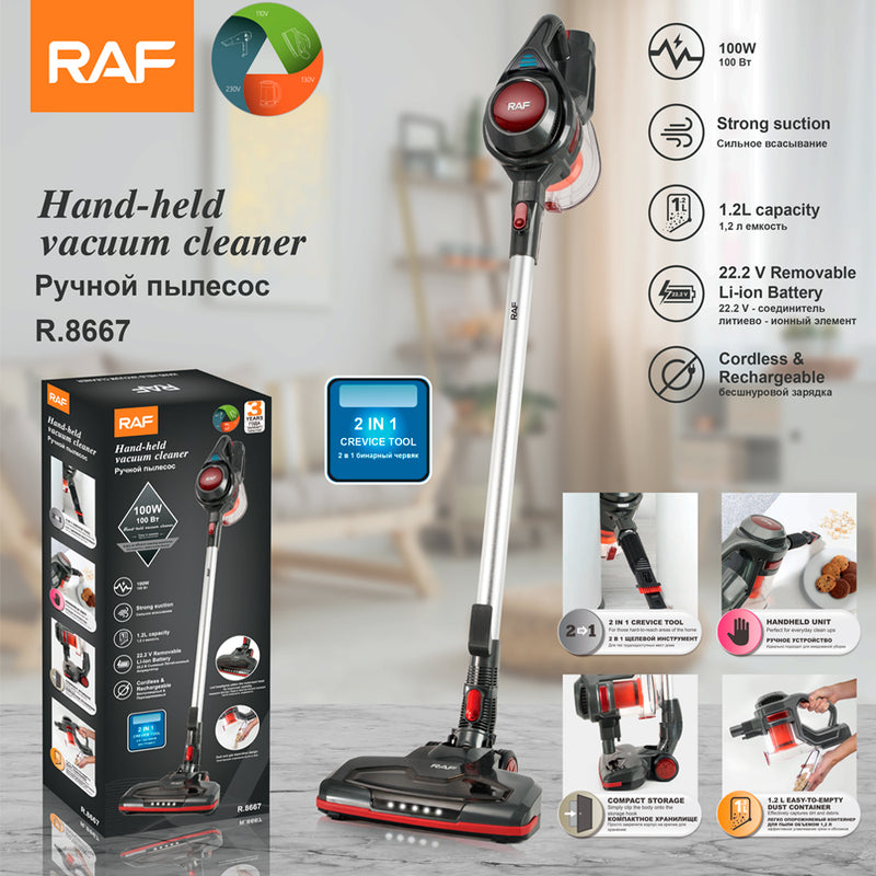 RAF Hand-held Wireless Vacuum Cleaner 2-in-1 | 100W Strong Suction | 1.2L Capacity | 22.2V Removable Li-ion Battery | Cordless Rechargeable