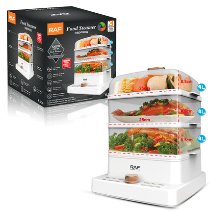 RAF Food Steamer | 12L Capacity | Rapid Steam Release | 1300ml Volume | 1000-1200W | 220-240V~ 50/60Hz