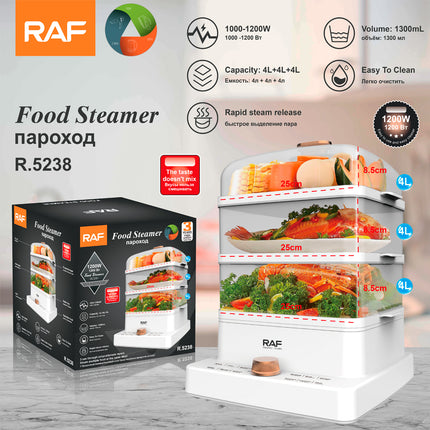 RAF Food Steamer | 12L Capacity | Rapid Steam Release | 1300ml Volume | 1000-1200W | 220-240V~ 50/60Hz