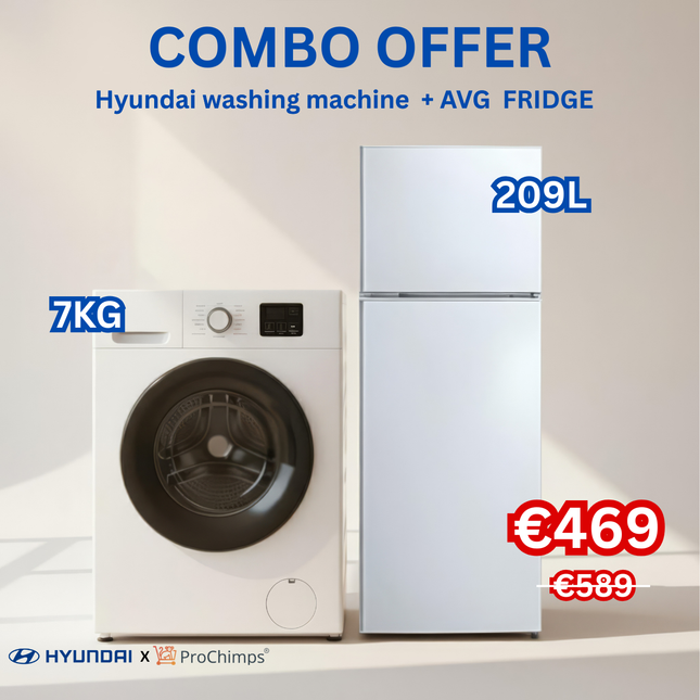 Hyundai 7kg Washing Machine + AVG 209L Top Mounted Freezer Fridge Combo Offer