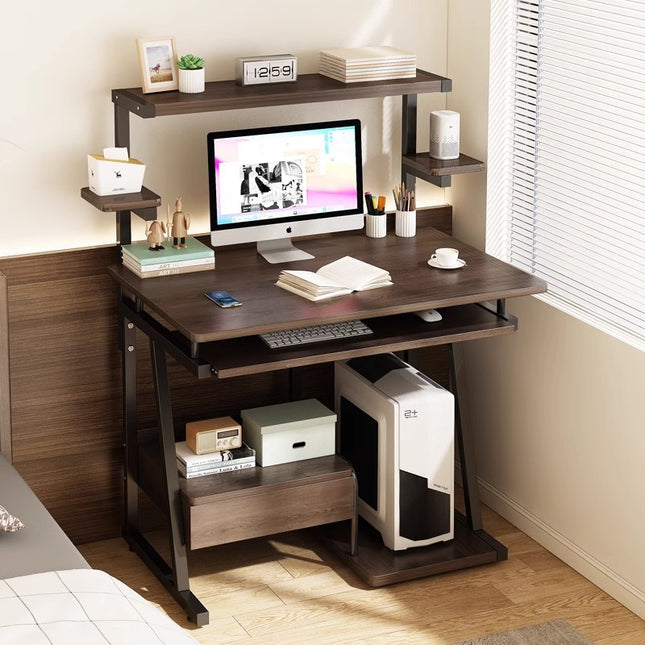 Computer Desk | Wood + Metal Frame | Tray Drawer for Storage | Compact & Multi-Functional Design | 91×42×117cm