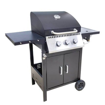 Barbecue 2+1 Burner Gas Grill with Porcelain Enamel Coated Grates, Side Burner, and Storage Cabinet