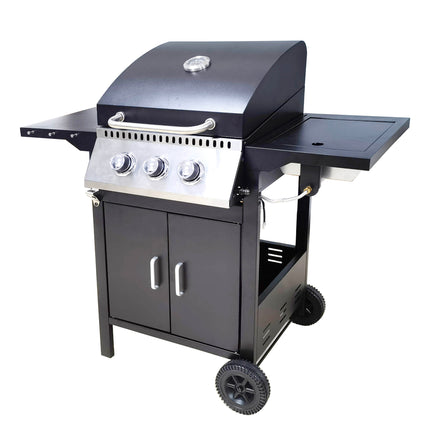 Barbecue 2+1 Burner Gas Grill with Porcelain Enamel Coated Grates, Side Burner, and Storage Cabinet