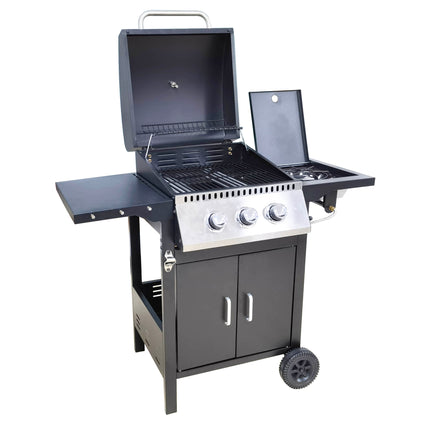 Barbecue 2+1 Burner Gas Grill with Porcelain Enamel Coated Grates, Side Burner, and Storage Cabinet