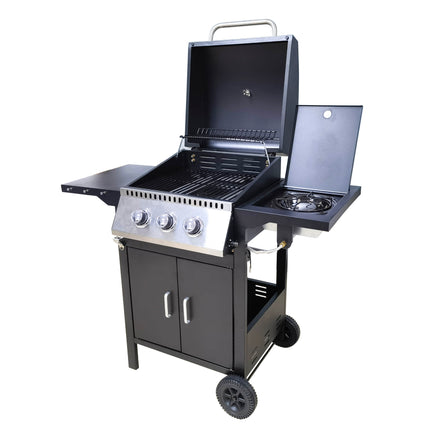 Barbecue 2+1 Burner Gas Grill with Porcelain Enamel Coated Grates, Side Burner, and Storage Cabinet