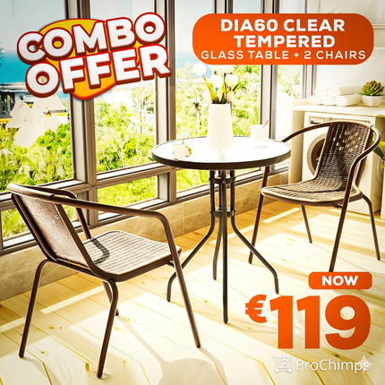 Combo Offer | 2 Black Rattan Outdoor Chair – Patio/Garden Use and ck Round Patio/Garden Table with Black Tempered Glass – 60×60cm