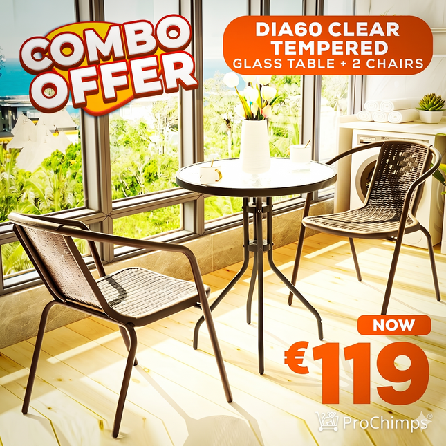Combo Offer | 2 Black Rattan Outdoor Chair – Patio/Garden Use and ck Round Patio/Garden Table with Black Tempered Glass – 60×60cm