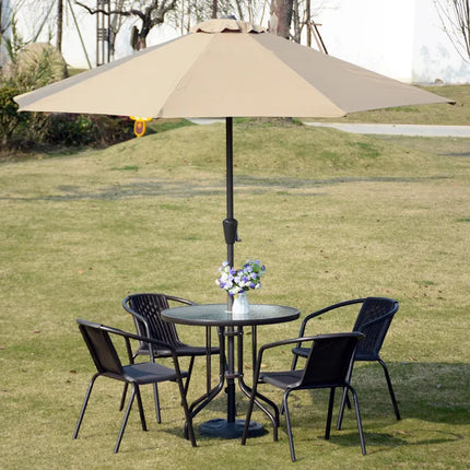 Round Black Patio Table with Tempered Glass & Umbrella Hole