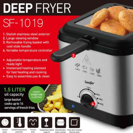 Sonifer Deep Fryer  | 1000W | stainless steel heating element | mini 1.5L oil home deep fryer electric