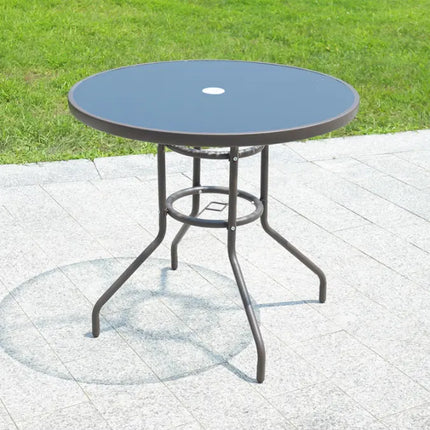 Round Black Patio Table with Tempered Glass & Umbrella Hole