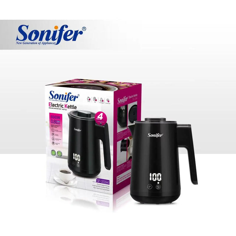 Sonifer Electric Kettle | 800W | Digital Touch | Stainless Steel | 0.8L Capacity | 360 Degree Rotational Base | Cordless | Boil-Dry Protection