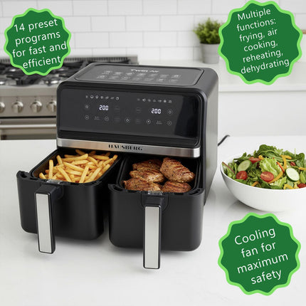 HAUSBERG HB-2373NG Double Hot Air Fryer, 2200-2400W, 8.4L Capacity, Adjustable Thermostat with LED Display, Individual Digital Control, 14 Preset Programs, 60 Min Timer, Cooling Fan, Black