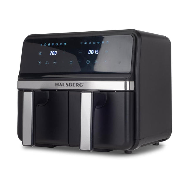 HAUSBERG HB-2373NG Double Hot Air Fryer, 2200-2400W, 8.4L Capacity, Adjustable Thermostat with LED Display, Individual Digital Control, 14 Preset Programs, 60 Min Timer, Cooling Fan, Black