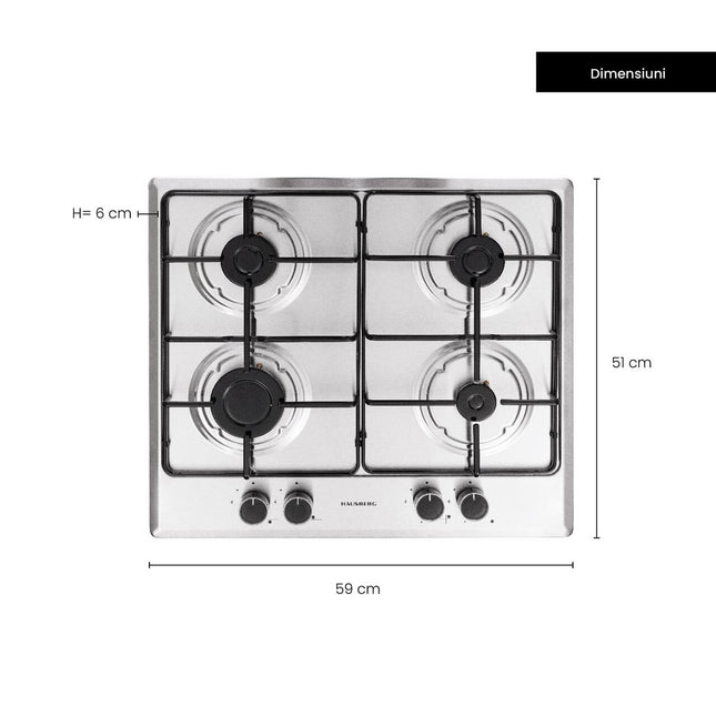 Hausberg HB-555 Built-In Hob, Electric Ignition, Gas, 4 Burners, Safety System, Stainless Steel