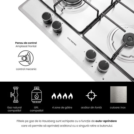 Hausberg HB-555 Built-In Hob, Electric Ignition, Gas, 4 Burners, Safety System, Stainless Steel