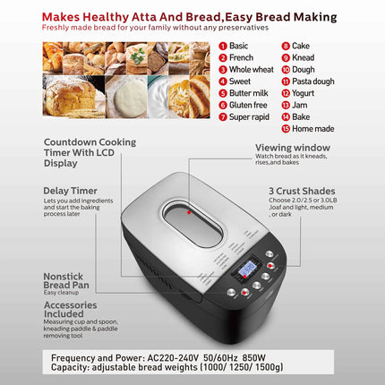 Sonifer Digital Electric French Bread Maker Machine | 15 programs | Adjustable Crust Control | Keep-Warm Setting