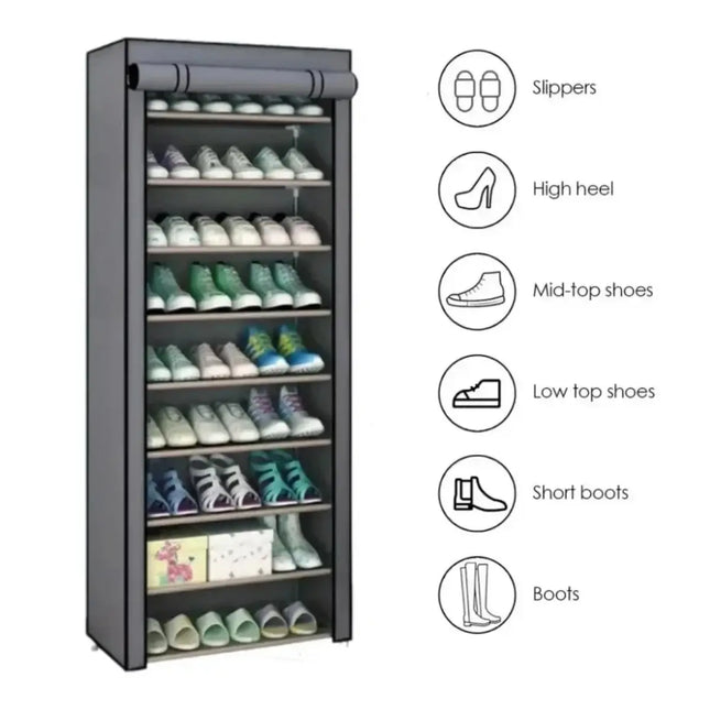 Shoe Rack | 10-Layer | Non-Woven Dustproof Cabinet | Grey | (60×30×160cm)