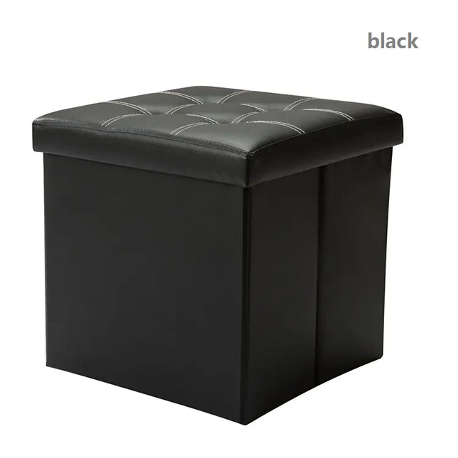 Leather Storage Ottoman | Folding Cube | (38×38×38cm, Black) | High Load-Bearing