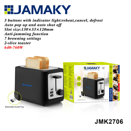 JAMAKY 2-Slice Toaster 760W with 7 Browning Settings