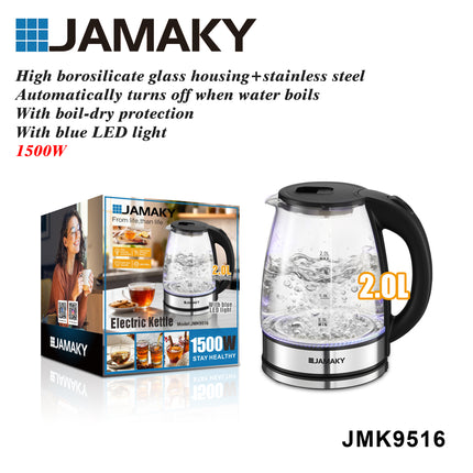 JAMAKY 2L Glass Electric Kettle 1500W with Blue LED Light