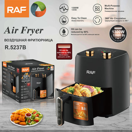 RAF Air Fryer 3L - 1500W Power, Temperature Control, 60-Minute Timing, Copper-Clad Aluminum Motor, PP/PA66 Material, Off-White Color, Includes Grill Accessories, VDE Plug