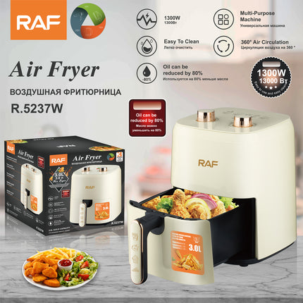 RAF Air Fryer 3L - 1500W Power, Temperature Control, 60-Minute Timing, Copper-Clad Aluminum Motor, PP/PA66 Material, Off-White Color, Includes Grill Accessories, VDE Plug