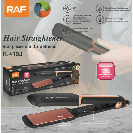 RAF Hair Straightener - Professional 45W Electric Hair Straightening Iron with PTC Plates, and Temperature Display