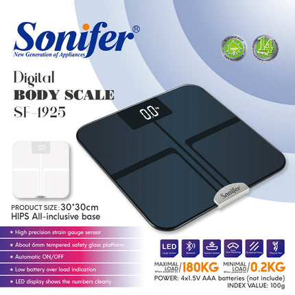 Sonifer Bluetooth Body Fat Scale | 180kg Max Load | LED Display | Auto ON/OFF | Indicators