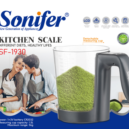 Sonifer Kitchen Scale | 1.5L Measuring Cup | 5kg Maximum Range | Dishwasher Safe | LCD Display