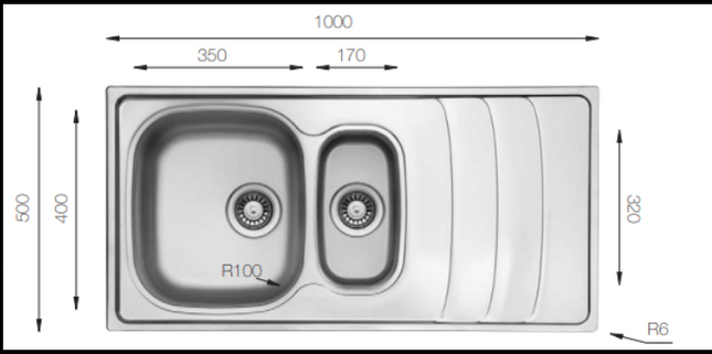 1.5 Bowl Stainless Steel Sink with Drainer 1000x500mm