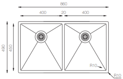 Stainless Steel Double Bowl Kitchen Sink 860×490mm – Square Bowls | TNL400.50.50