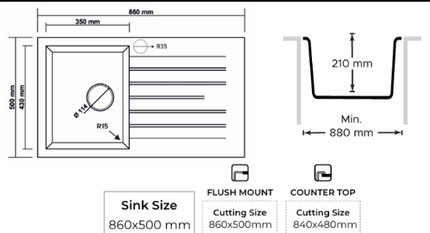 RealStone Granite Kitchen Sink – 1 Bowl & Drainer, 860×500mm, Black