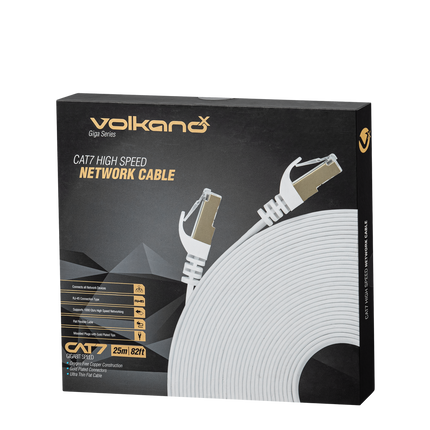 VolkanoX Giga series  Cat 7 flat Ethernet cable - white, gold tips - 25m