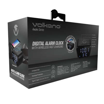 Volkano Awake series Alarm Clock with Wireless Charging - Black