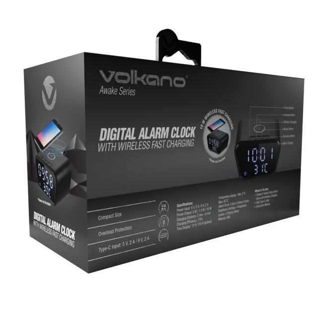 Volkano Awake series Alarm Clock with Wireless Charging - Black