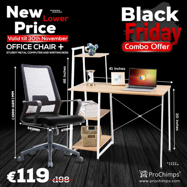 Combo Offer: Ergonomic Office Chair & Desk with Powder Coated Finish