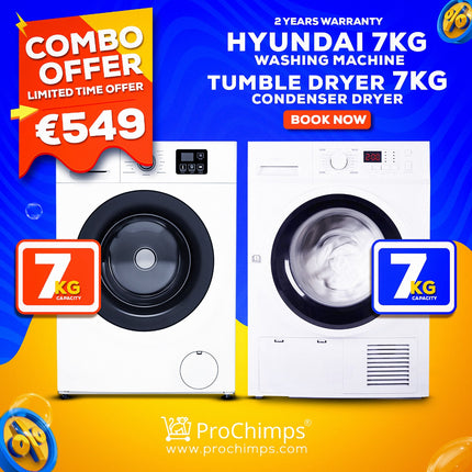 Combo Offer | Hyundai 7kg Washing Machine + Tumble Dryer 7 kgs Condenser Dryer