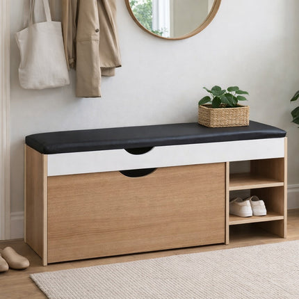 Shoe Bench with PU Seat – Wooden Shoe Cabinet with Storage