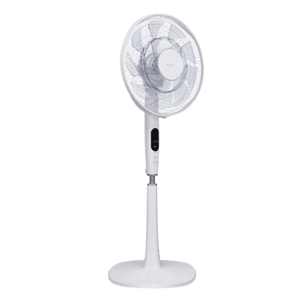 GREE White Stand Fan | 4 Modes |  14 Blades |  Wide Range |  Compact Design |  Smart Display |  LED |  Remote Control |  Square Base |  Timer