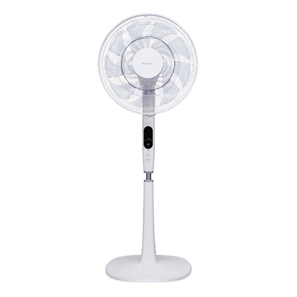 GREE White Stand Fan | 4 Modes |  14 Blades |  Wide Range |  Compact Design |  Smart Display |  LED |  Remote Control |  Square Base |  Timer