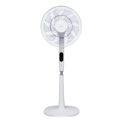 GREE White Stand Fan | 4 Modes |  14 Blades |  Wide Range |  Compact Design |  Smart Display |  LED |  Remote Control |  Square Base |  Timer