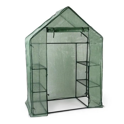 Sturdy PE Covered Walk-in Greenhouse with Flower Stand, Zippered Roll-Up Door, Heavy-Duty Steel Frame, Efficient Ventilation, and Easy Installation