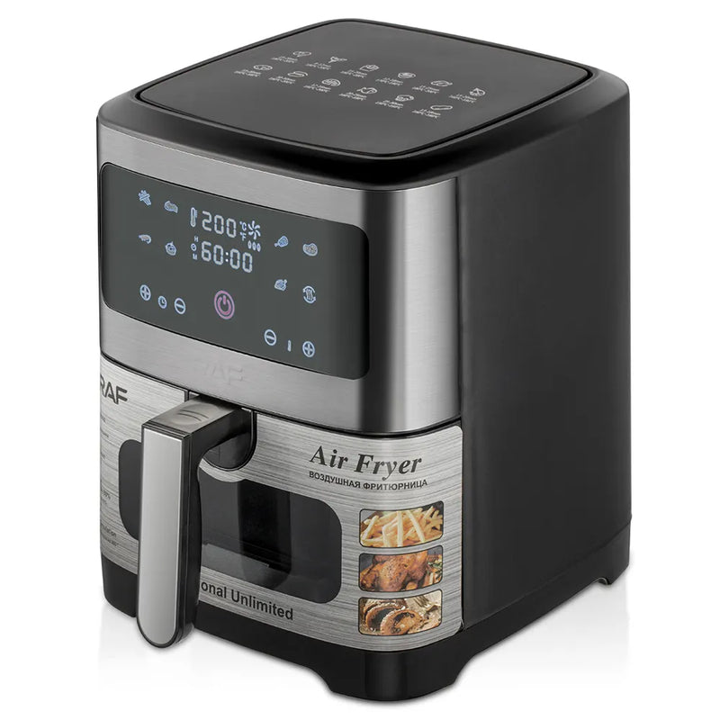 RAF 8L Stainless Steel Air Fryer with Digital Control - Efficient 1300W Power, Square Shape, Class A Energy Rating, Non-Stick PFA Material, VDE Plug, and High-Speed Air Circulation Technology